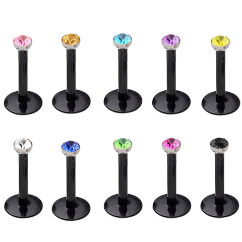 16gauge Plastic Lip Studs Colorful CZ Black