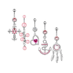 Pink Dangle Belly Button Ring 5 Pcs 14G Surgical Steel Belly Navel Ring Piercing Jewelry