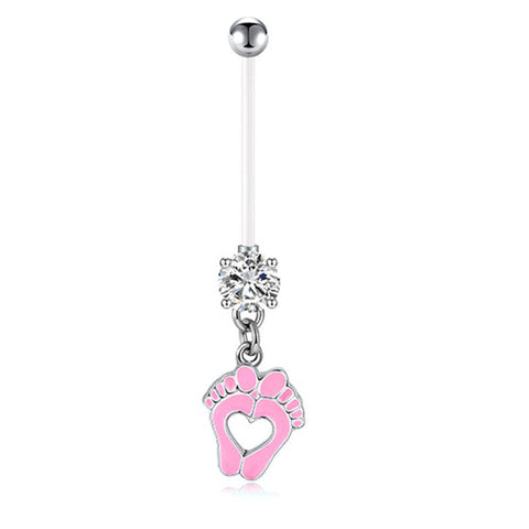 Cute Little Feet 14G Pregnancy Belly Ring CZ 25MM 32MM 35MM Muti-Color Available