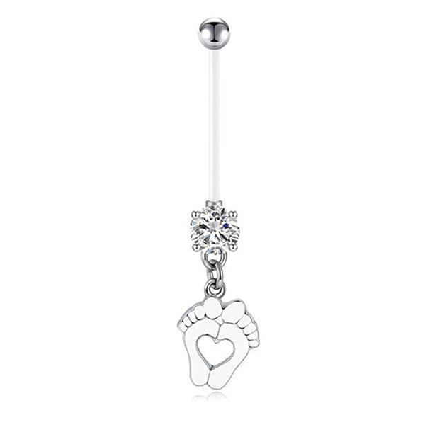 Cute Little Feet 14G Pregnancy Belly Ring CZ 25MM 32MM 35MM Muti-Color Available