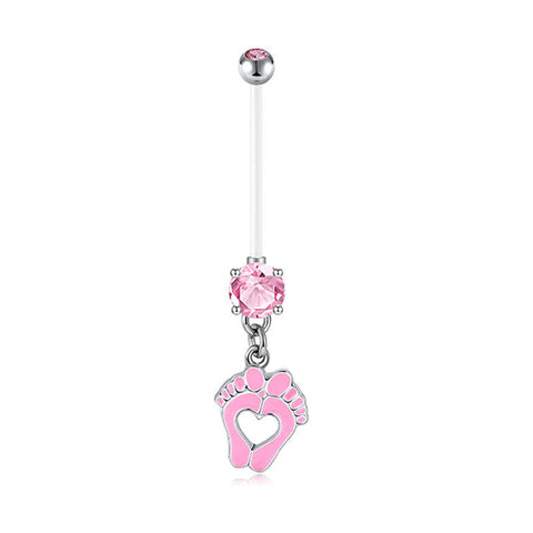 Baby Feet With CZ 14G Pregnancy Belly Button Ring White Pink Blue 25MM 32MM 35MM Available