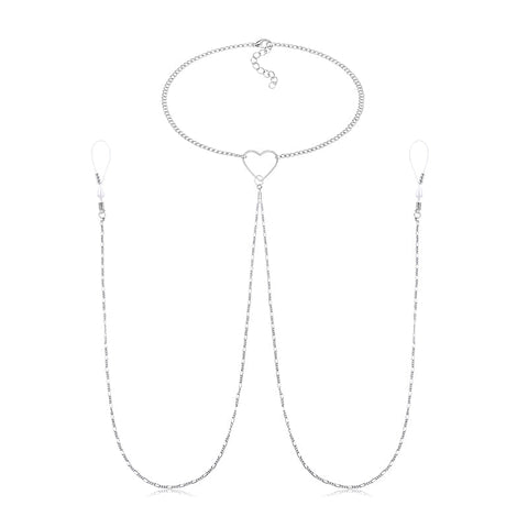 Silver Fake Nipple Ring Clips On with Chain Necklace for Women Faux Nipple Piercing Jewelry
